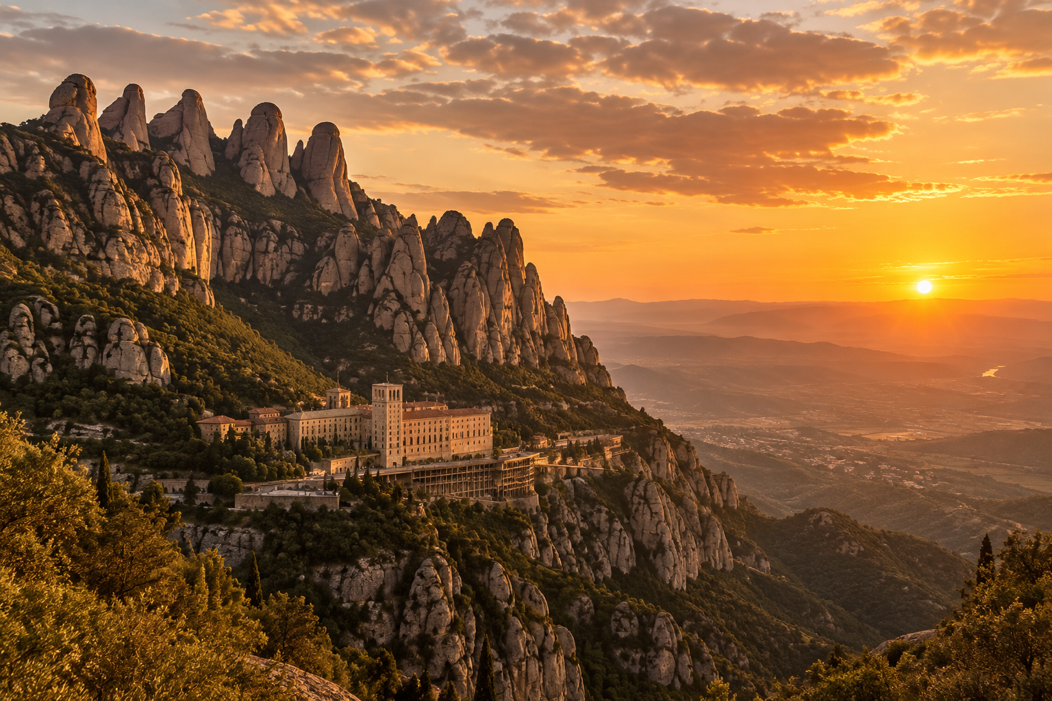 Montserrat mountain peaks and monastery in warm golden-hour light